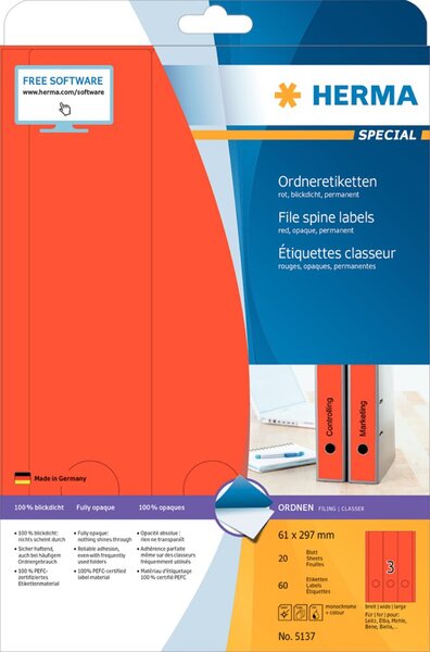 HERMA Ordneretiketten A4 rot  61x297 mm Papier opak  60 St.