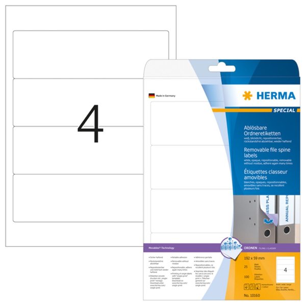 HERMA Ordneretiketten A4 weiß 192x59 mm ablösb. opak 100 St.