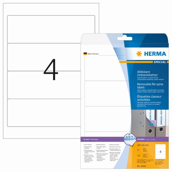 HERMA Ordneretiketten A4 weiß 192x61 mm ablösb. opak 100 St.