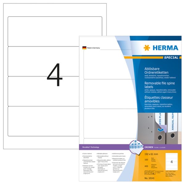 HERMA Ordneretiketten A4 weiß 192x61 mm ablösb. opak 400 St.