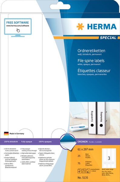 HERMA Ordneretiketten A4 weiß 61x297 mm Papier opak  75 St.