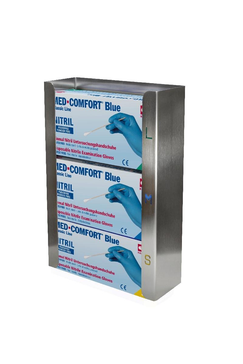 Handschuhboxen-Halterung Edelstahl 3-fach | Farbe silber Handschuh-Dispenserhalter aus Edelstahl mit eingestanzten Größen für 3 Handschuhspenderboxen Handschuhboxen-Halterung Edelstahl 3-fach | Farbe silber Handschuh-Dispenserhalter aus Edelstahl mit eingestanzten Größen für 3 Handschuhspenderboxen