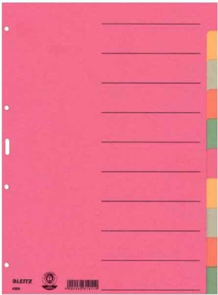 LEITZ Karton-Register extrastark, blanko, A4, 10-teilig mehrfarbig, 230 g-qm, 5
