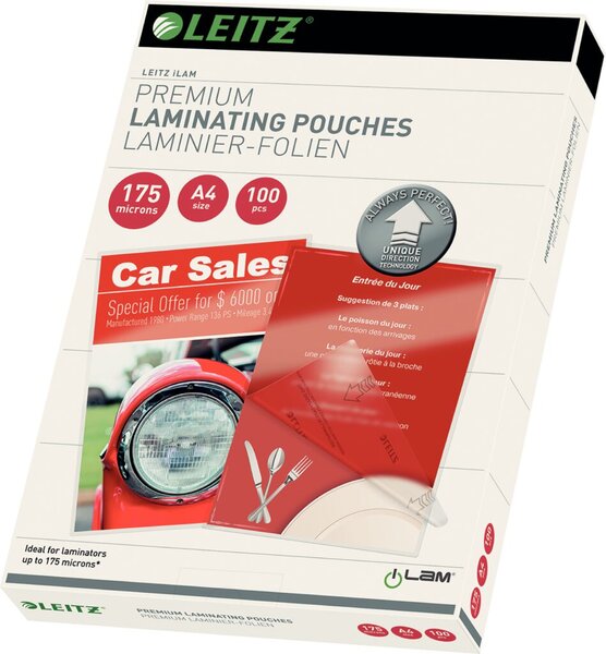 LEITZ LaminierfolieA4 UDT175mi100 mit richtungsweisenden Pfeilen fuer staufreie