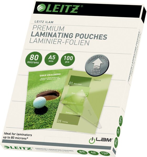 LEITZ LaminierfolieA5UDT 80mic100 mit richtungsweisenden Pfeilen fuer staufreie