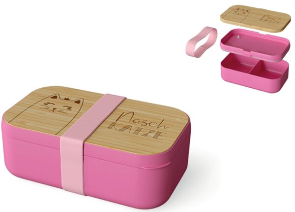 Brotdose 970ml 4-tlg Motiv Katze Bambusdeckel als Brettchen verwendbar