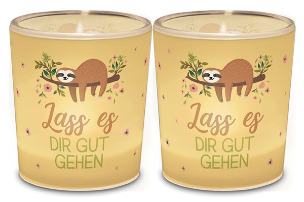 Teelicht Motiv Faultier Glas mit Papierbanderole