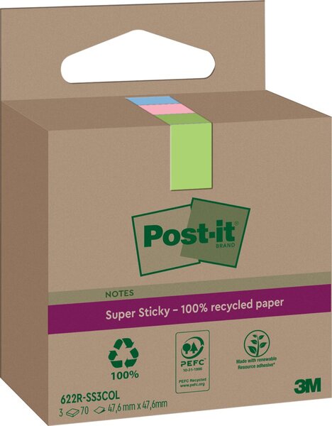 Post-it Super Sticky Recycling Notes, 47,6 x 47,6 mm, farbig