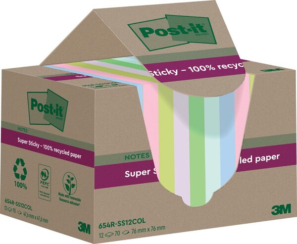 Post-it® Super Sticky Recycling Notes Haftnotizen extrastark farbsortiert 12 Blöcke