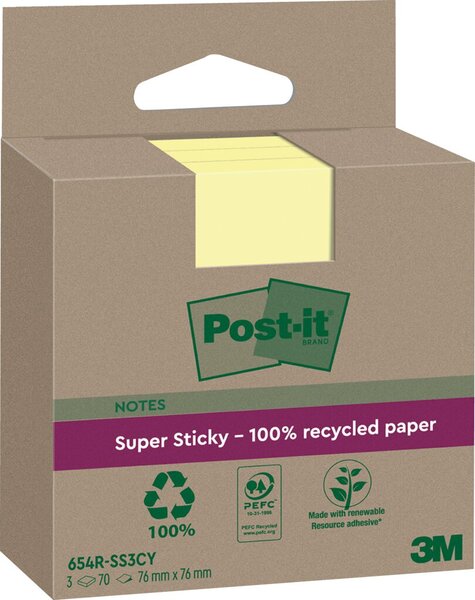 Post-it Super Sticky Recycling Notes, 76 x 76 mm, gelb