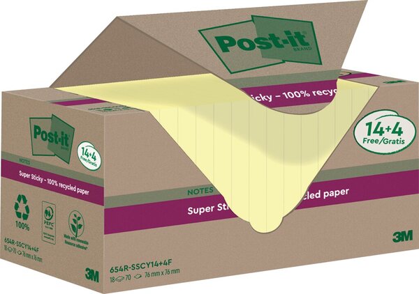 Post-it® Super Sticky Recycling Notes Haftnotizen extrastark gelb 18 Blöcke