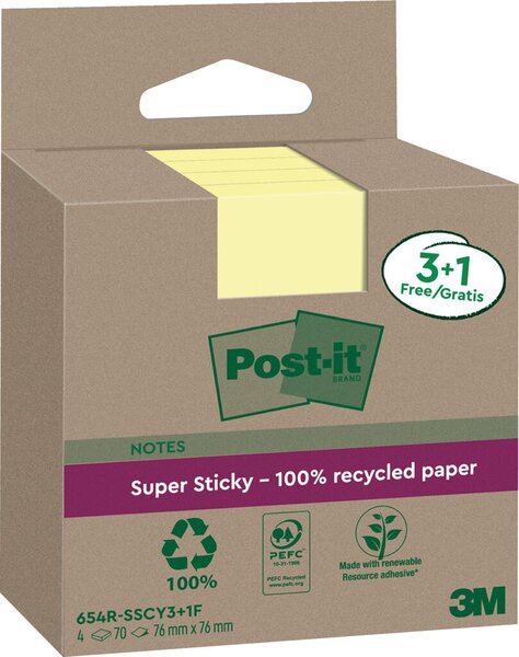 Post-it Super Sticky Recycling Notes, 76 x 76 mm, gelb