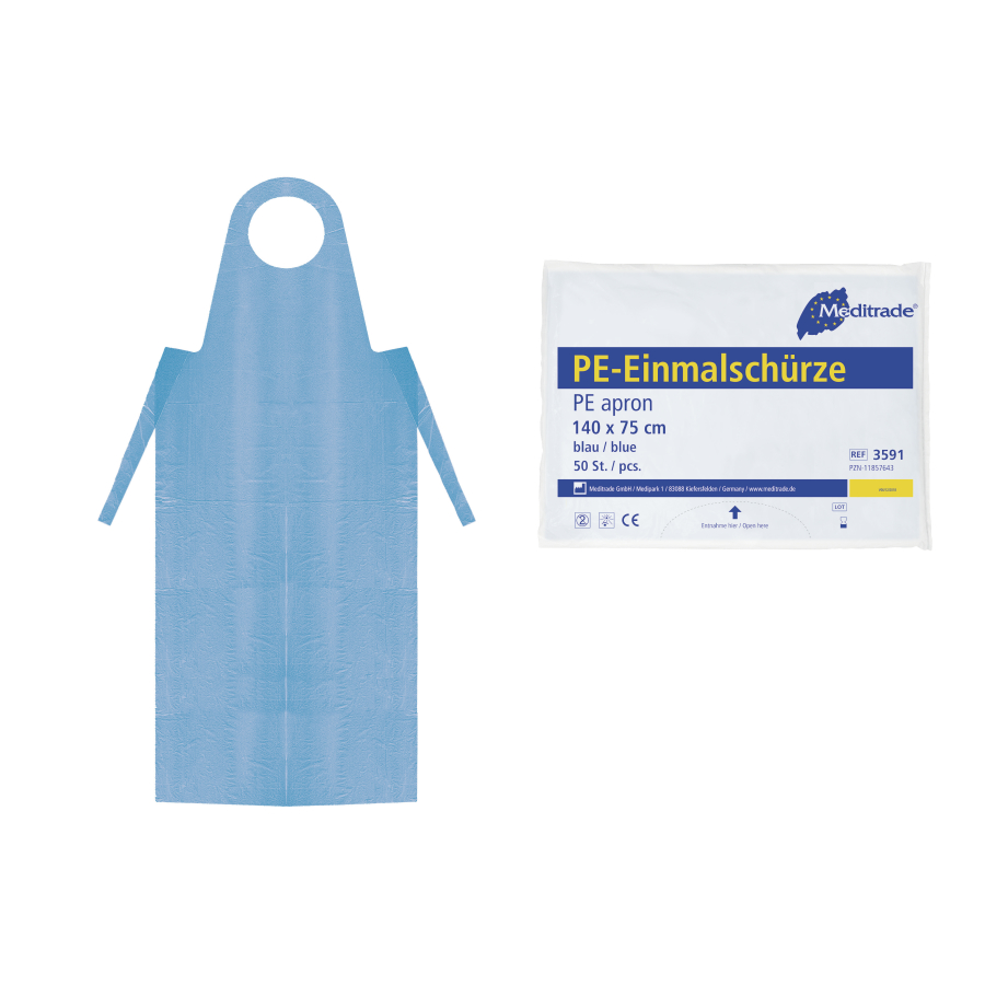 Meditrade® PE-Einwegschürzen, LDPE 30 µm, blau, 75 x140 cm | 50 Stück <br>im Beutel zur Einzelentnahme, PZN-11857643