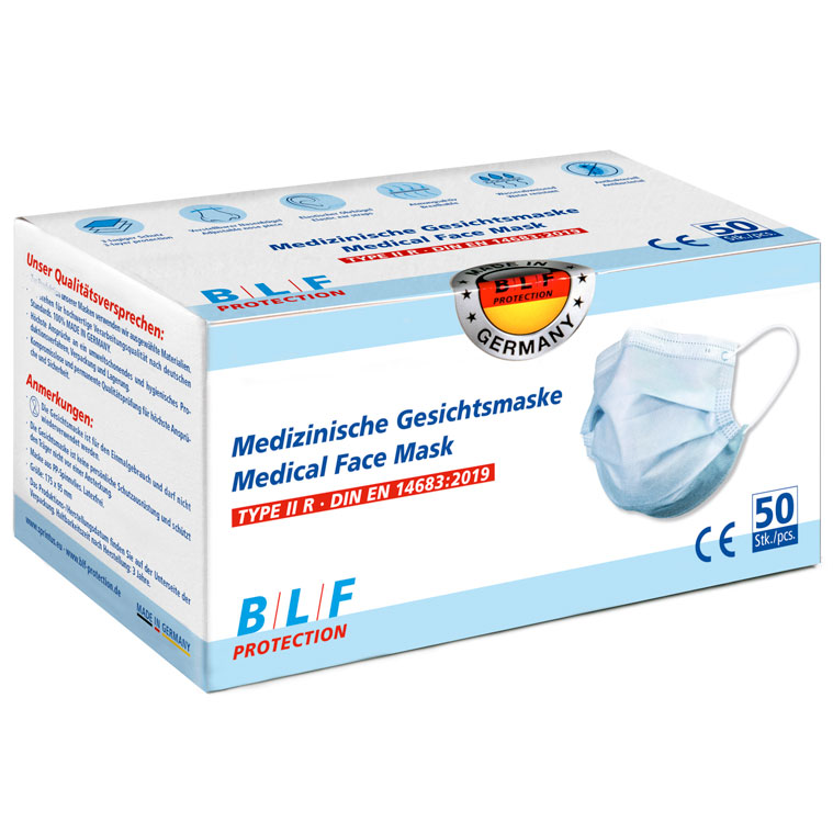 Medizinische Gesichtsmaske 3-lagig, Typ II R nach DIN EN 14683:2019-10, blau | 50 Stück/Box <br>Made in Germany, Bakterielle Filterleistung = 98 %, Atmungsaktivität/Druckdifferenz = 60 Pa/cm², mikrobiologische Reinheit = 30 KBE/g Medizinische Gesichtsmaske 3-lagig, Typ II R nach DIN EN 14683:2019-10, blau | 50 Stück/Box <br>Made in Germany, Bakterielle Filterleistung = 98 %, Atmungsaktivität/Druckdifferenz = 60 Pa/cm², mikrobiologische Reinheit = 30 KBE/g
