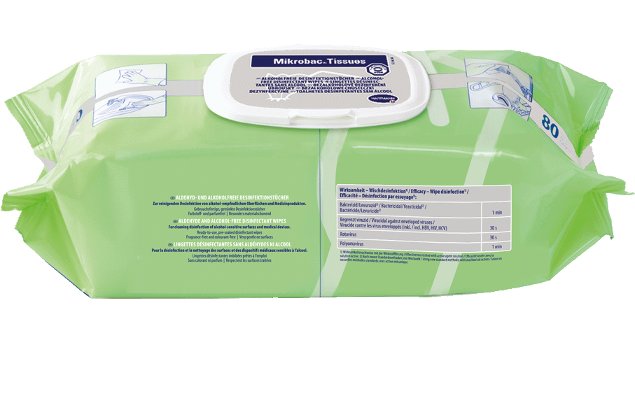 Mikrobac Tissues, Flow Pack | 80 Tücher <br>alkohol- und aldehydfreie Desinfektionstücher zur Schnelldesinfektion von Medizinprodukten und anderen Flächen