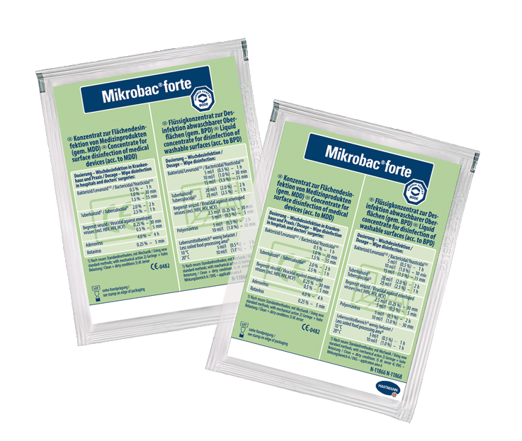 Mikrobac forte Dosierbeutel | 20 ml <br>aldehydfreier Flächen-Desinfektionsreiniger mit materialschonendem Schutzfaktor