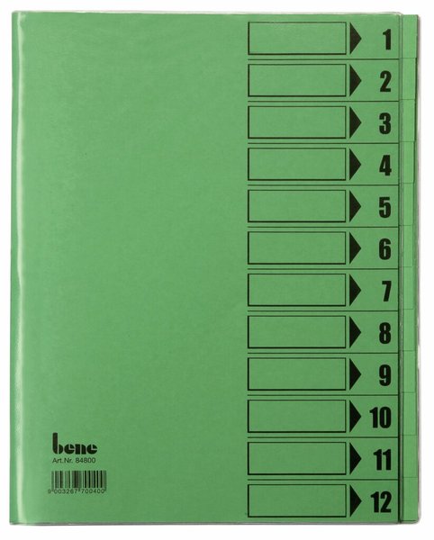 Ordnungsmappe, 12 Fächer, grün, A4, Mappe - Karton 210 g/m2, mit