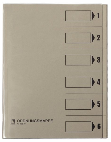 Ordnungsmappe, 6 Fächer, grau, A4, Mappe - Karton 250 g/m2, mit