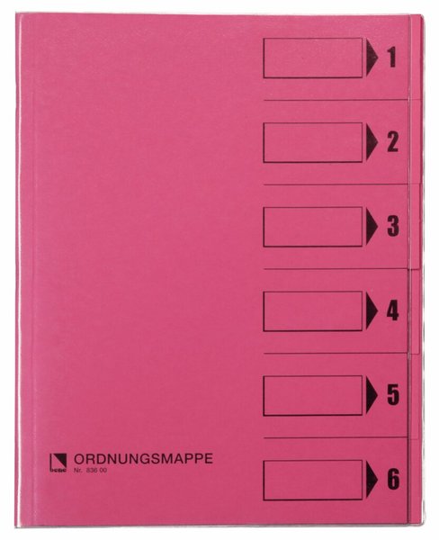Ordnungsmappe, 6 Fächer, rosa, A4, Mappe - Karton 250 g/m2, mit