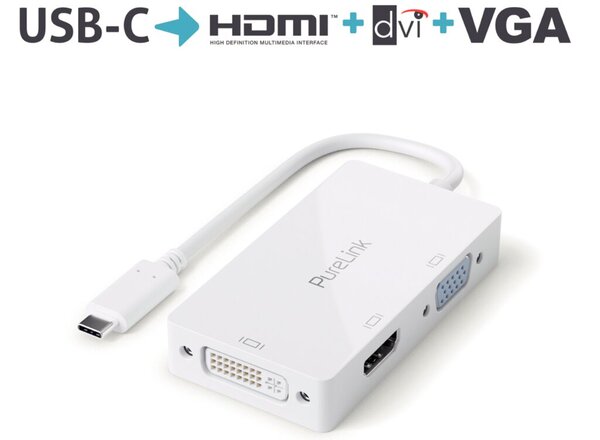 Adapter USB-C auf Multiport, weiß, DVI mit FullHD, VGA mit WUXGA, 0,10 m