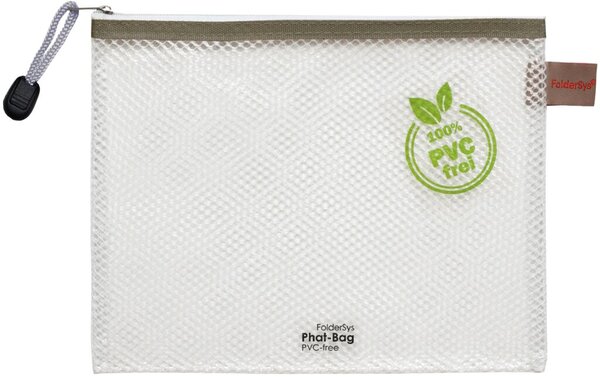 PVC-freier Reißverschluß-Beutel B6 transparent/taupe, weißer Reiß-