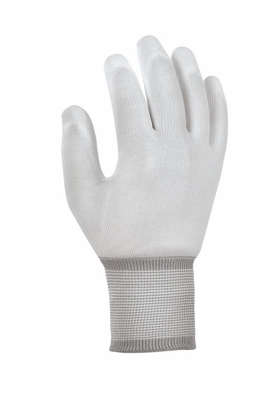 Polyester-Strickhandschuhe mit PU-Beschichtung, weiß <br>Finger und Innenhand mit Polyurethan-Beschichtung, Handrücken und Fingeroberseiten frei, Strickbund | Größe XS - XXL