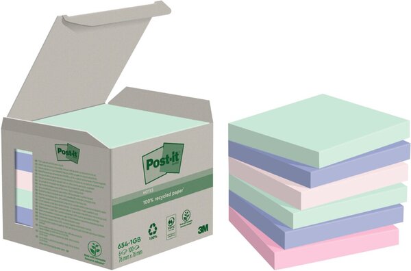 Post-it Haftnotizen Recycling, 76 x 76 mm, 4-farbig