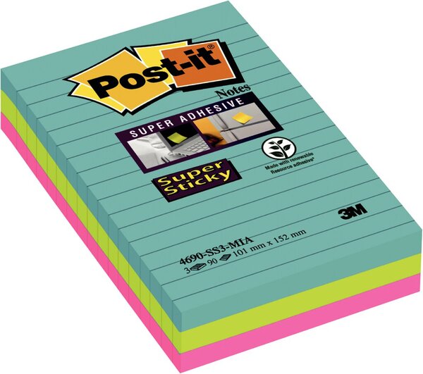 Post-it® Super Sticky Notes 4690S3MI 3 Blöcke á 90 Blatt, Miami Collection