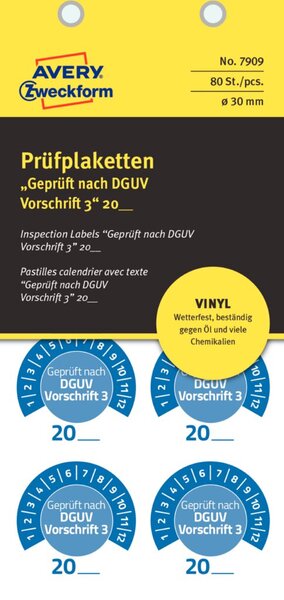 Prüfplakette DGUV Vorschrift Ø 30 mm blau, Jahreszahl 20.. wetterfest,kratz