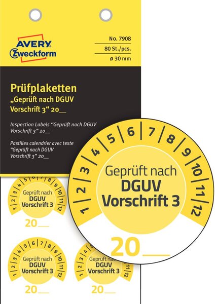 Prüfplakette DGUV Vorschrift Ø 30 mm gelb, Jahreszahl 20.. wetterfest,kratz