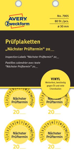 Prüfplakette nächster Prüftermin gelb, Ø 30 mm, Jahreszahl 20.. zum Selber-