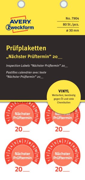 Prüfplakette nächster Prüftermin rot, Ø 30 mm, Jahreszahl 20.. zum Selber-