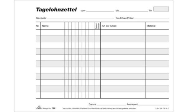 RNK Verlag Vordruck Tagelohnzettel , Block, SD, DIN A5 quer (6530034)