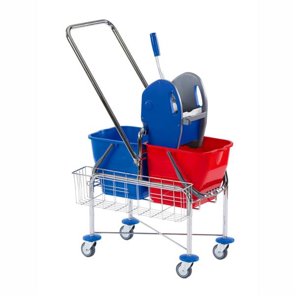 Reinigungswagen "DOFA 20 TDK" Doppelfahrwagen verchromt | 2 x 17 Liter <br>2 x 17 Liter Eimer (rot/blau), 1x Kunststoffpresse, 1 x Seitenkorb