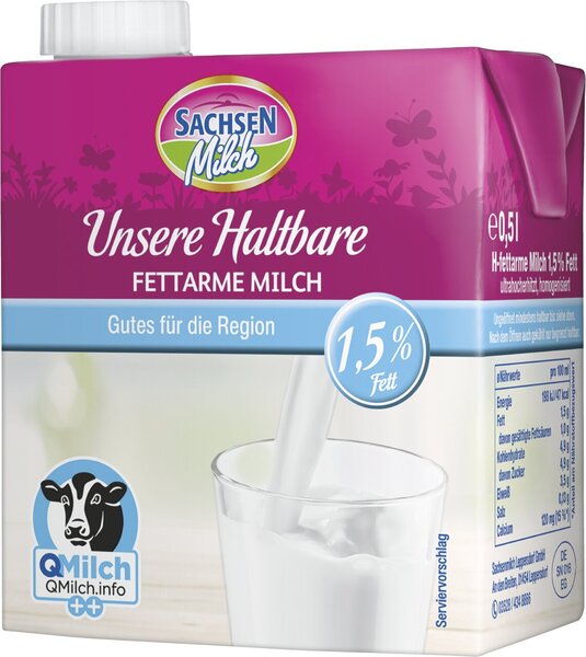 Sachsen H-Milch, 1,5 %, 0,5 Liter mit Schraubverschluss, ultrahocherhitzt Sachsen H-Milch, 1,5 %, 0,5 Liter mit Schraubverschluss, ultrahocherhitzt