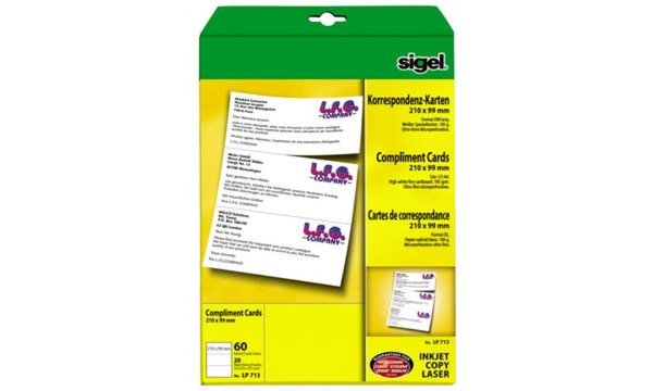 SIGEL - Karten - weiß - DIN lang (210 x 99 mm) - 185 g/m2 - 60 Karte(n) (20 Bog