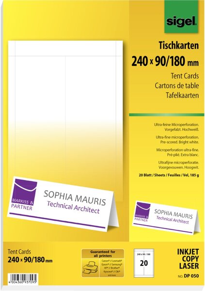 SIGEL DP050 - Tischkarten - hochweiß - 240 x 90 mm - 185 g/m2 - 20 Stck. (DP050)