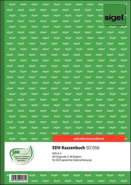 SIGEL Formularbuch "Kassenbuch für EDV-Erfassung", A4 - für den Markt: D (SD056)