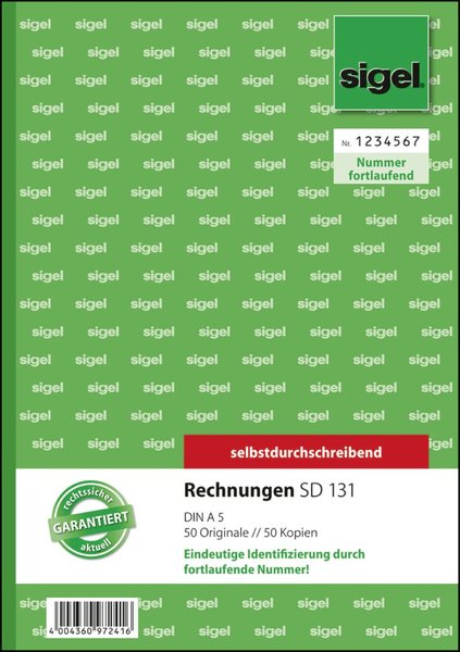 SIGEL Formularbuch "Rechnung", fortlaufende Nummerierung - für den Markt: D (SD