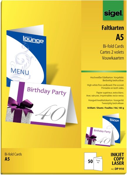 SIGEL PC-Faltkarten, A5 (A4), 185 g-qm, hochweiß, Edelkarton für Inkjet-Laser-K