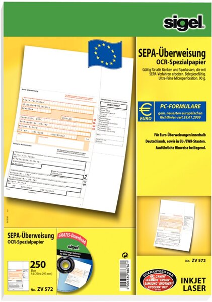 SIGEL PC-SEPA-Überweisung/ZV572 A4 OCR-Spezialpapier, MP 90 g Inh.250 BL