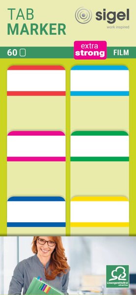 Haftmarker Film, extra strong, 25x38mm, 6 Farben mit weißem