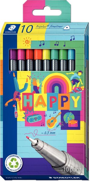 Fineliner triplus Happy, 10er Etui, sortiert, Strichstärke: 0,3 mm