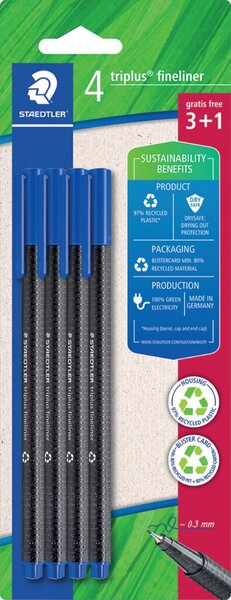 STAEDTLER Fineliner triplus, blau, 4er Blister (3+1 GRATIS)