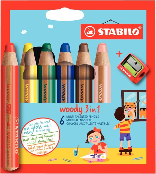 STABILO Multitalentstift woody 7,60cm (3") 1, 6er Karton-Etui rund, Farbstift, 
