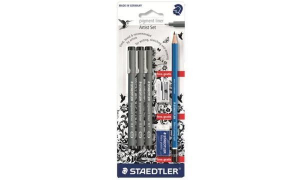 STAEDTLER Pigmentliner Set, schwarz, Blisterkarte lange Metallspitze ideal für 
