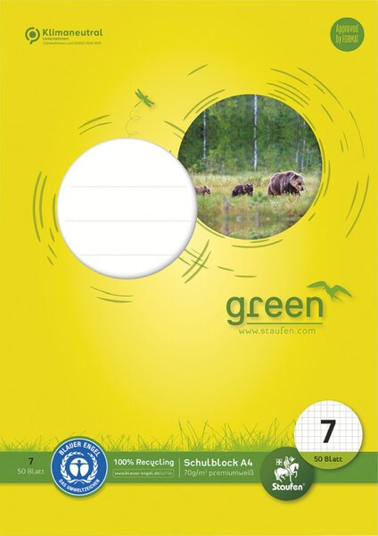 Green Schulblock Lin7, A4, 50 Blatt 70 g/qm, 7 mm, kariert, 4-Loch