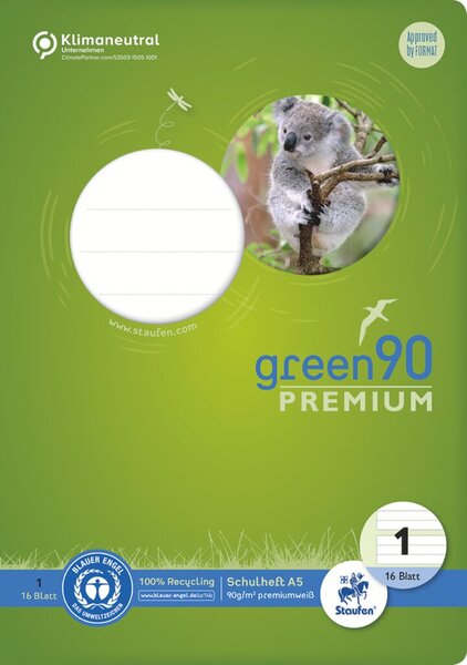 Green Schulheft Lin1, A5, 16 Blatt 90 g/qm, 5/5/5 mm, liniert, farbig
