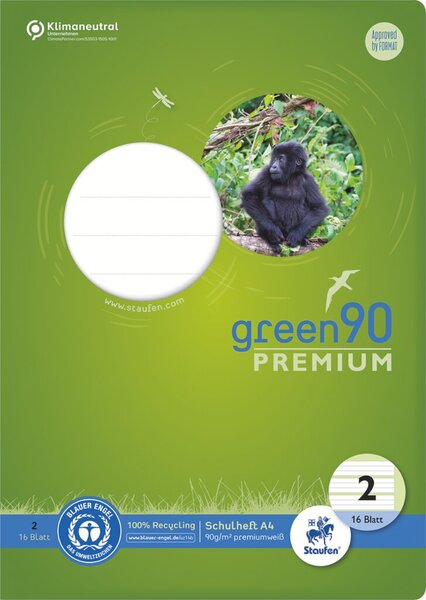 Green Schulheft Lin2, A4, 16 Blatt 90 g/qm, 4/4/4 mm, liniert, farbig