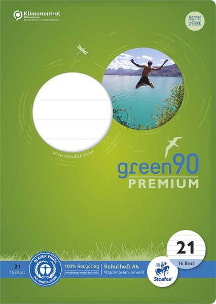 Green Schulheft Lin21, A4, 16 Blatt 90 g/qm, 9 mm, liniert